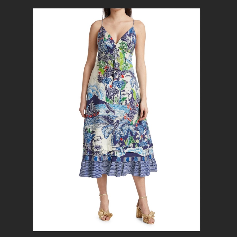 Farm Rio Tiered Midi Dress, Tropical Print, Size Small